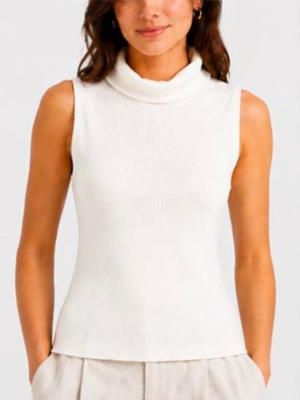 ZARA Women’s White Ribbed Knit Sleeveless Mock Neck Tank Top